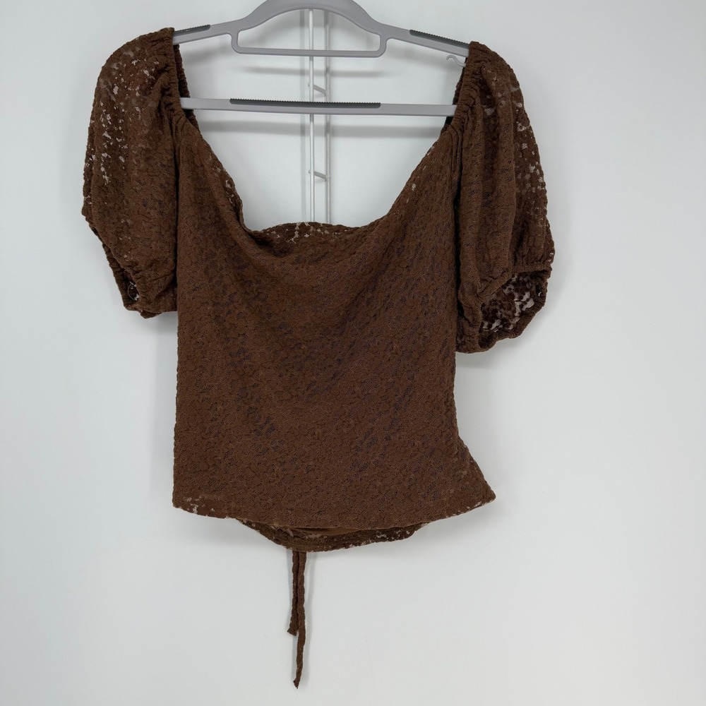 Le Lis Collection Lace‎ Top Womens Small Brown Puff Sleeve Boho Coquette Sheer